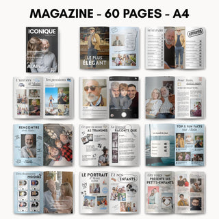 Pages du magazine papy 60 pages A4 : couverture, sommaire, son univers, sa famille, fun facts, portrait et petits-enfants