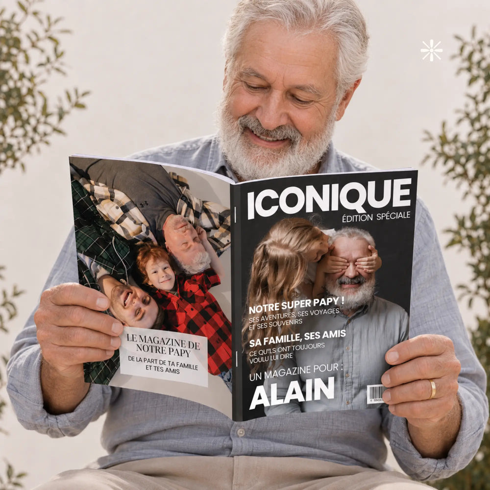 Magazine personnalisé papy lu par un grand-père, sa photo en couverture, idée cadeau fête des grands-pères ou Noël