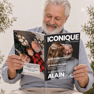 Magazine personnalisé papy lu par un grand-père, sa photo en couverture, idée cadeau fête des grands-pères ou Noël