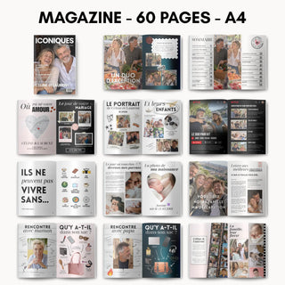 Pages du magazine personnalisé parents : leur rencontre, leur mariage et leurs enfants