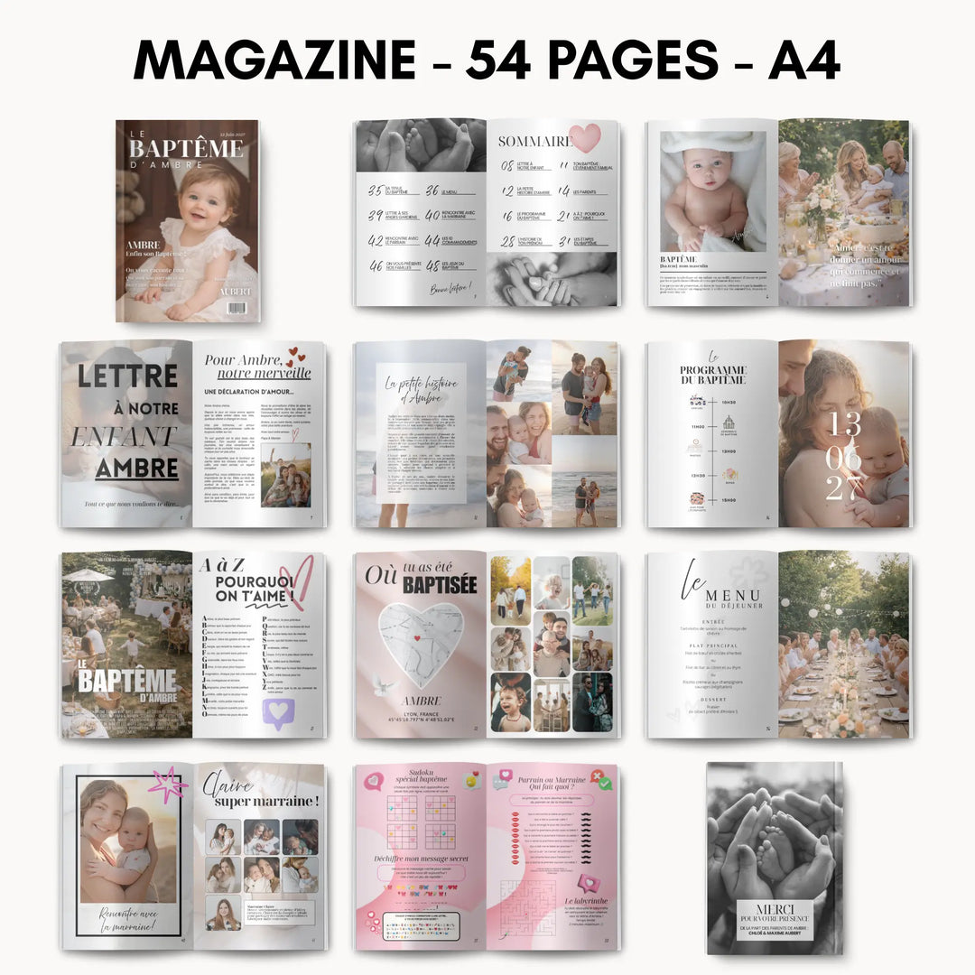 Vue des pages du magazine baptême personnalisé pour souvenir du baptême ou cadeau invités.