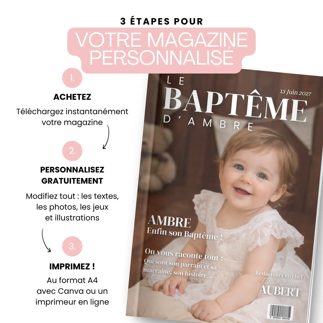 Explication comment acheter et personnaliser simplement son modèle de magazine baptême.