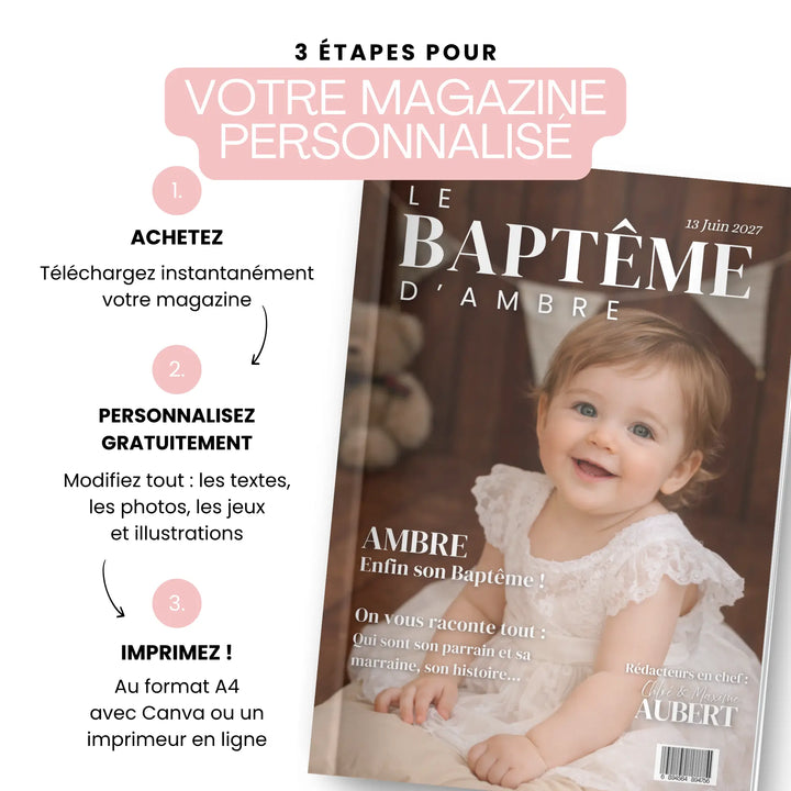 Explication comment acheter et personnaliser simplement son modèle de magazine baptême.