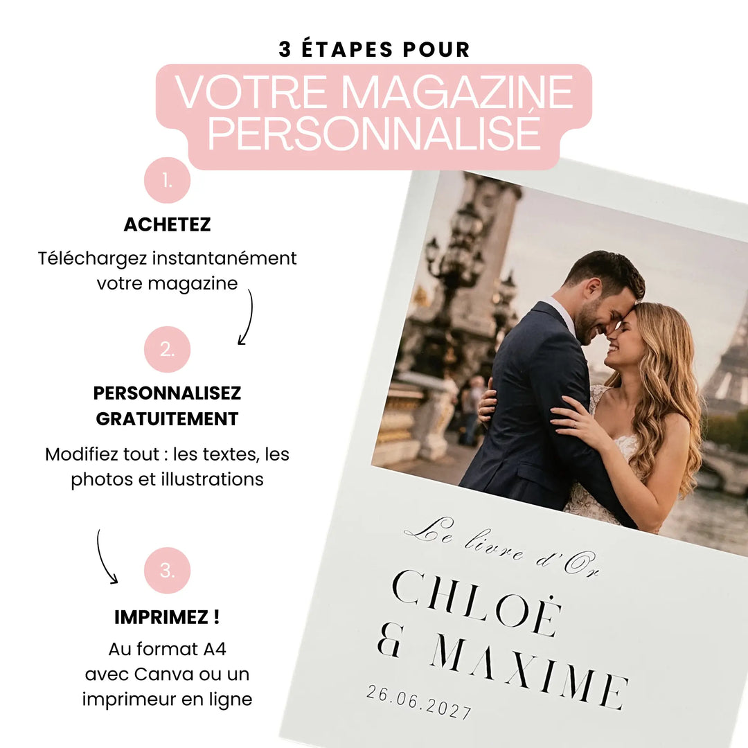 3 étapes pour personnaliser son livre d'or mariage grâce au modèle Canva proposé. Achetez, personnaliser et imprimer facilement et rapidement.