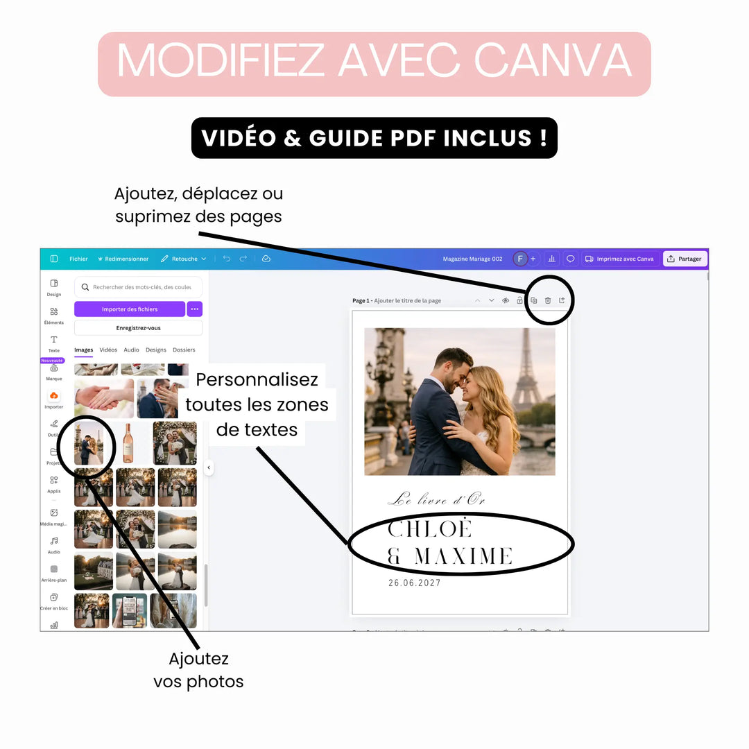Mockup montrant l'écran Canva et les modifications possibles pour personnaliser son modèle de magazine mariage. 