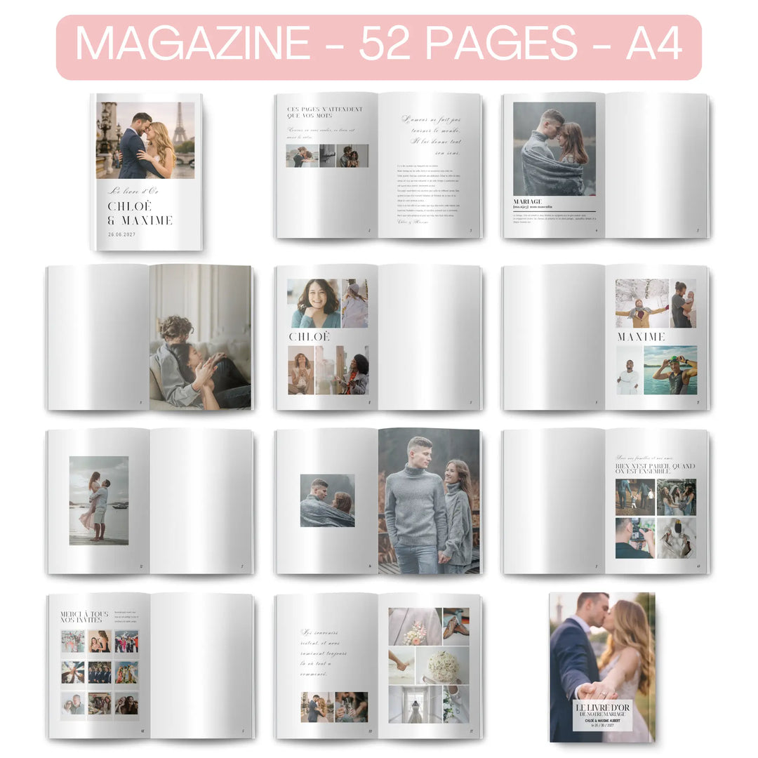 Page montrant les différentes pages du livre d'or mariage personnalisable sur Canva.