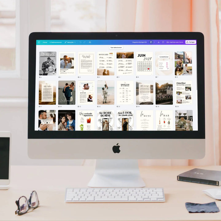 Ecran d'ordinateur montrant Canva et un magazine mariage personnalisable comme cadeau invité ou souvenir du mariage.