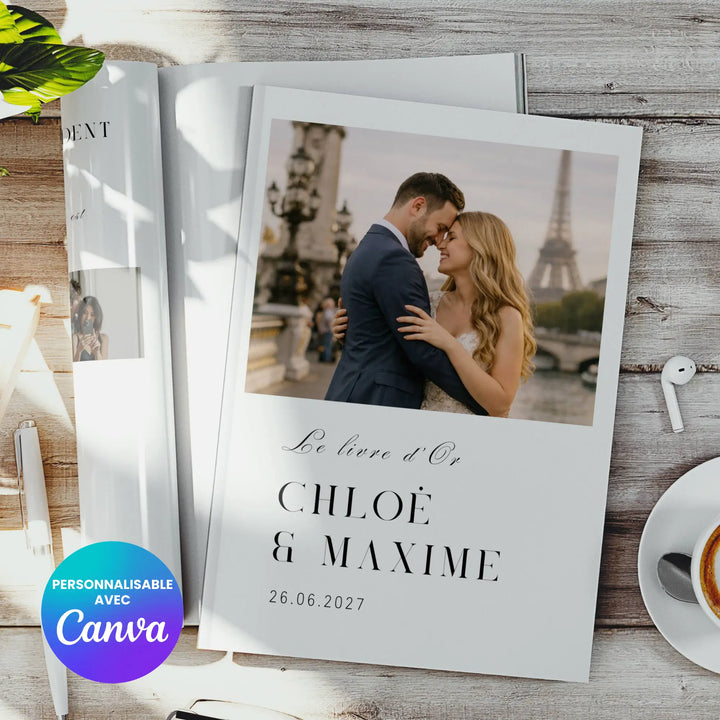 Photo d'une couverture de livre d'or mariage 100% personnalisable sur Canva.