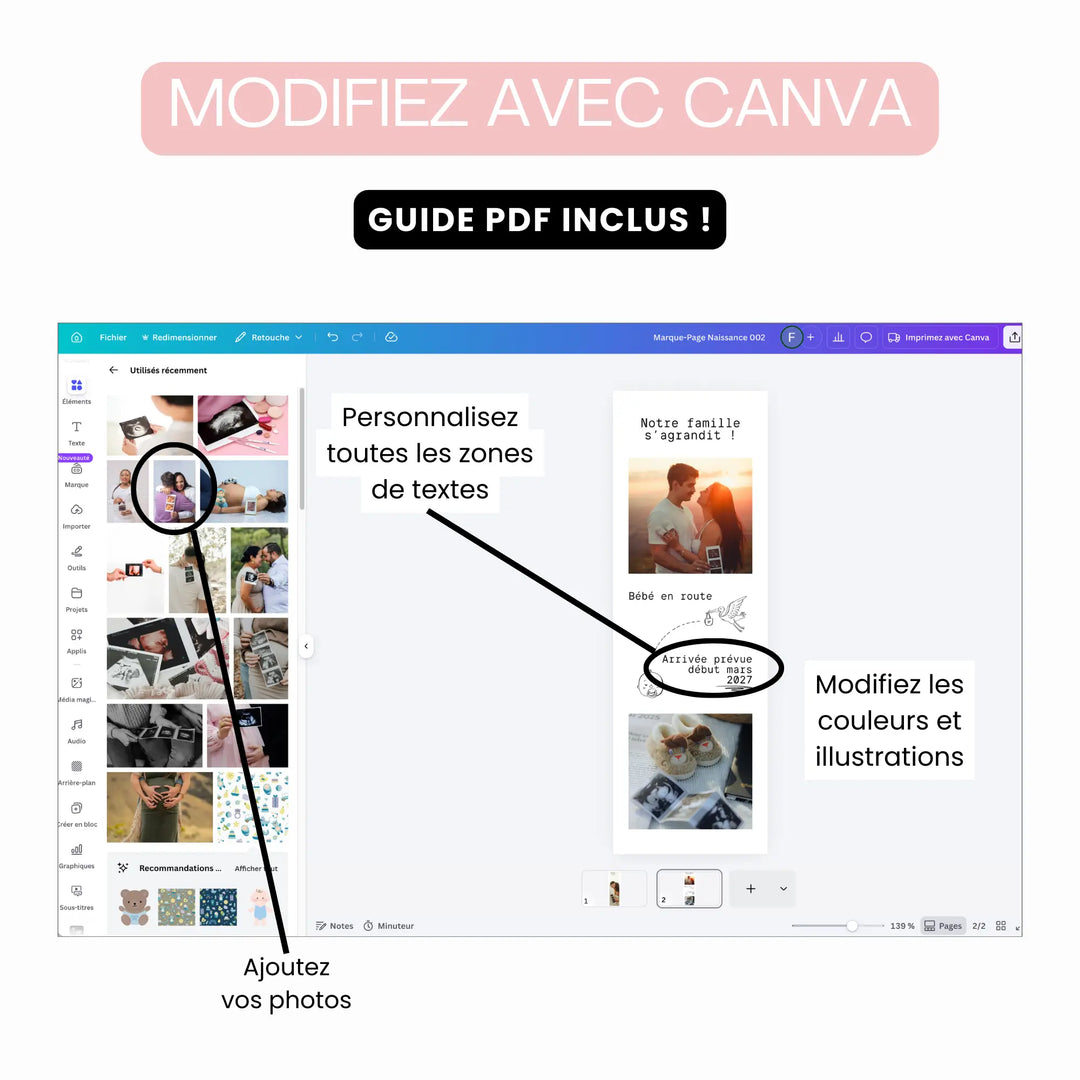 Mockup d'un écran canva sur comment personnaliser son annonce grossesse facilement.