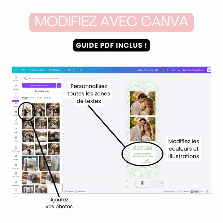 Cadeau invité personnalisable pour le mariage, écran canva montre les personnalisations possibles.