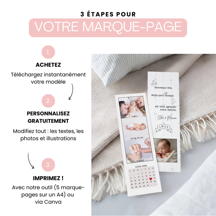 Etapes pour imprimer son faire-part naissance en marque-page bébé personnalisé.