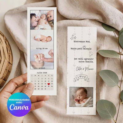 Superbe marque-page personnalisable comme faire-part de naissance.