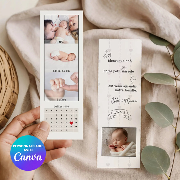Superbe marque-page personnalisable comme faire-part de naissance.