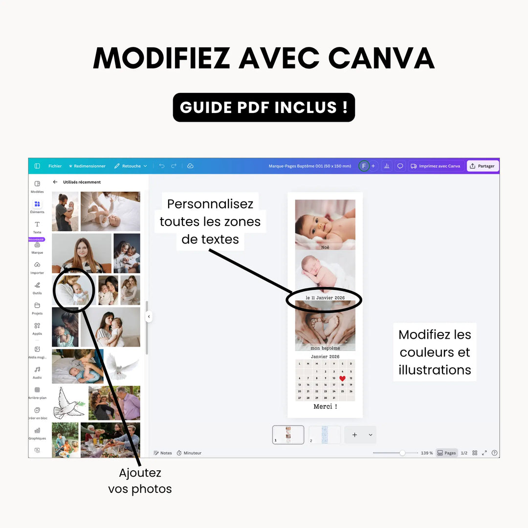 Explication des personnalisations possibles sur le modèle canva de marque-page baptême.