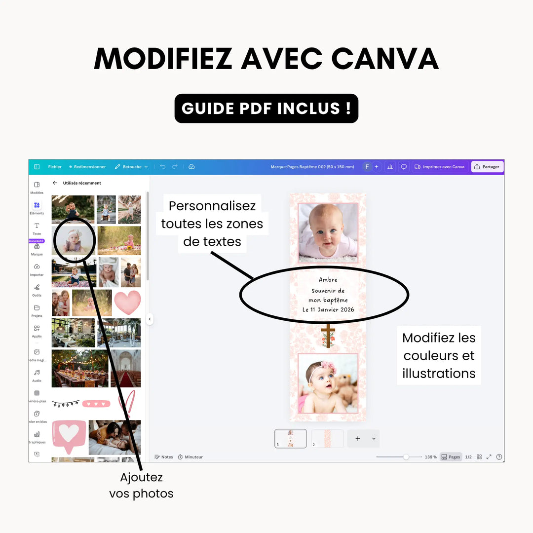 Ecran canva comment modifier son modèle de marque-page souvenir baptême.