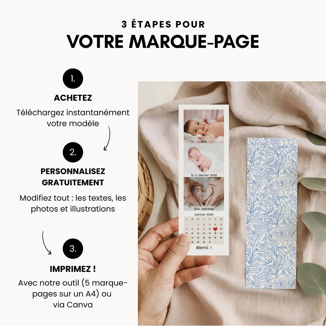 comment faire son cadeau invité baptême personnalisable avec ce modèle de marque-page personnalisable sur Canva.