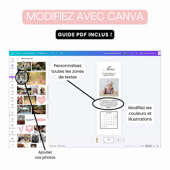Ecran Canva montrant les personnalisations possibles sur ce modèle de marque-page baptême personnalisé.