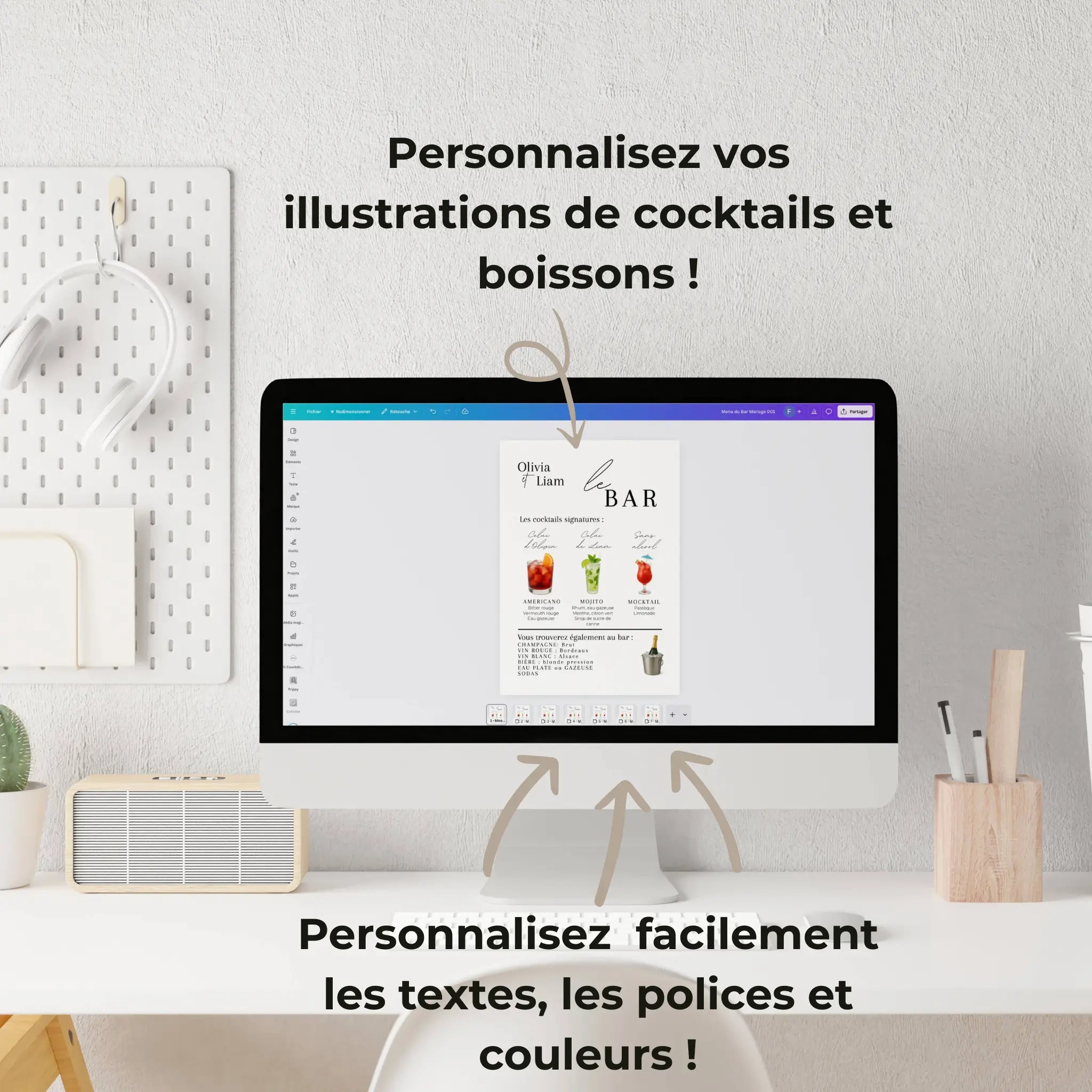 Écran d’ordinateur affichant un modèle de menu bar de mariage personnalisable sur Canva. Possibilité de modifier les textes, polices, couleurs et illustrations de cocktails et boissons comme mojito, spritz ou americano. Papeterie de mariage moderne et personnalisée.