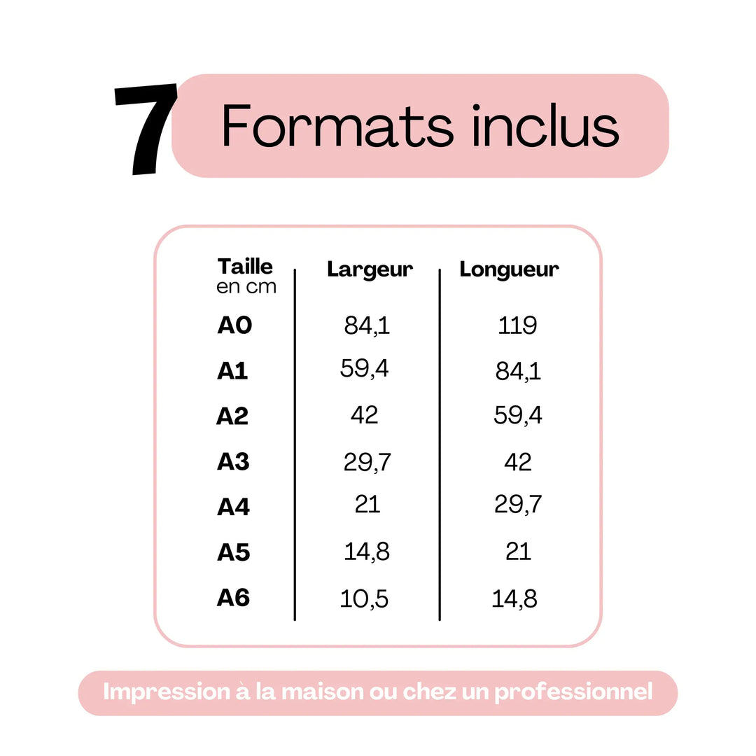Formats d’impression inclus pour panneau menu bar mariage personnalisé. Tailles disponibles A0, A1, A2, A3, A4, A5 et A6, impression maison ou professionnelle.