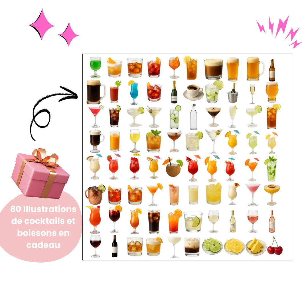 Lot de 80 illustrations de cocktails et boissons pour personnaliser un menu bar de mariage. Pack cadeau avec cocktails colorés, verres de vin, bières, fruits et décorations tropicales pour papeterie festive.