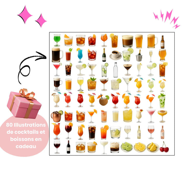 Lot de 80 illustrations de cocktails et boissons pour personnaliser un menu bar de mariage. Pack cadeau avec cocktails colorés, verres de vin, bières, fruits et décorations tropicales pour papeterie festive.