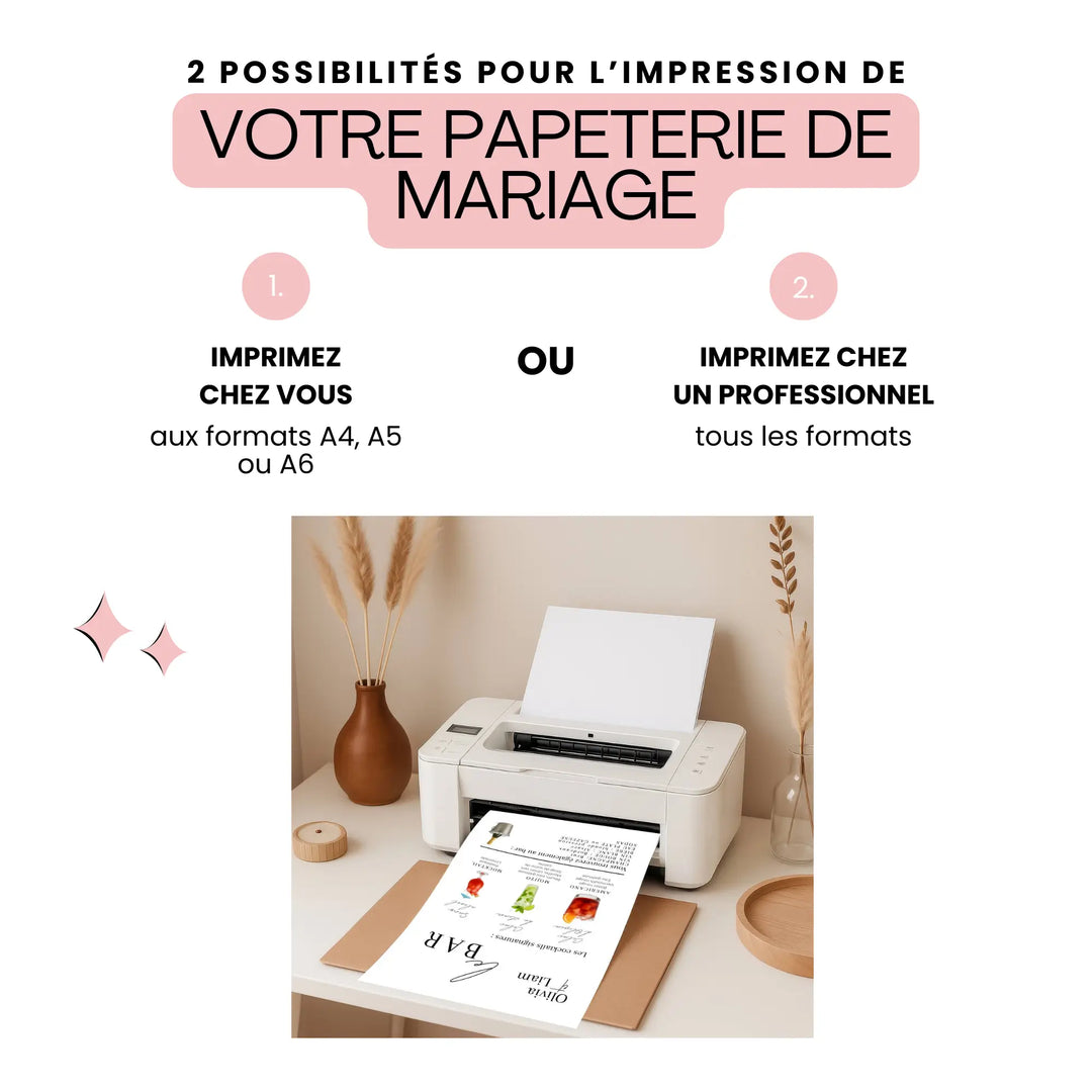 Impression d’un panneau menu bar mariage personnalisé avec cocktails et boissons. Exemple imprimante maison pour formats A4, A5 ou A6, ou impression professionnelle tous formats.
