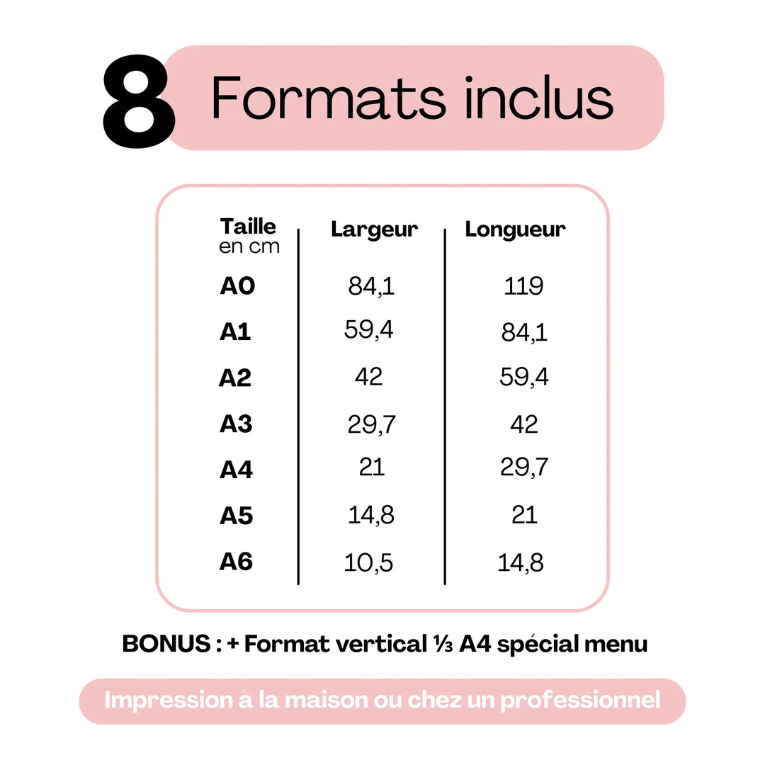 Tailles de menus de mariage imprimables – formats A0, A1, A2, A3, A4, A5, A6 + ⅓ A4 spécial menu.