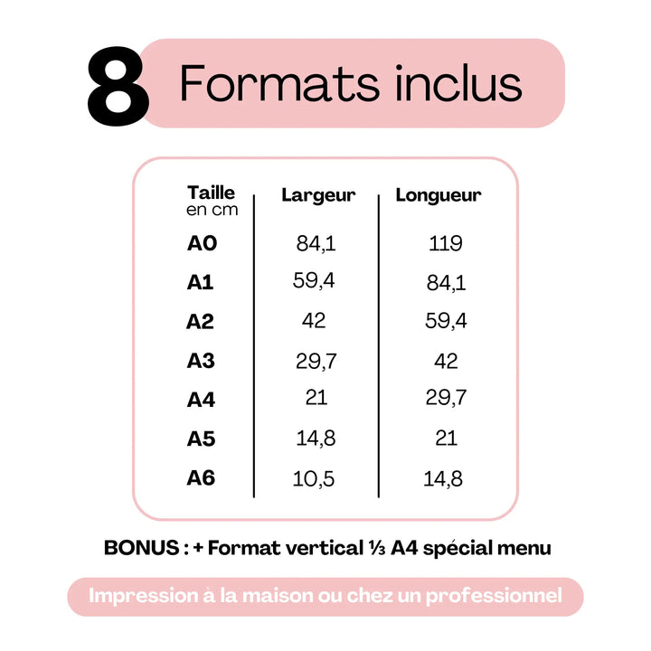 Tailles de menus de mariage imprimables – formats A0, A1, A2, A3, A4, A5, A6 + ⅓ A4 spécial menu.