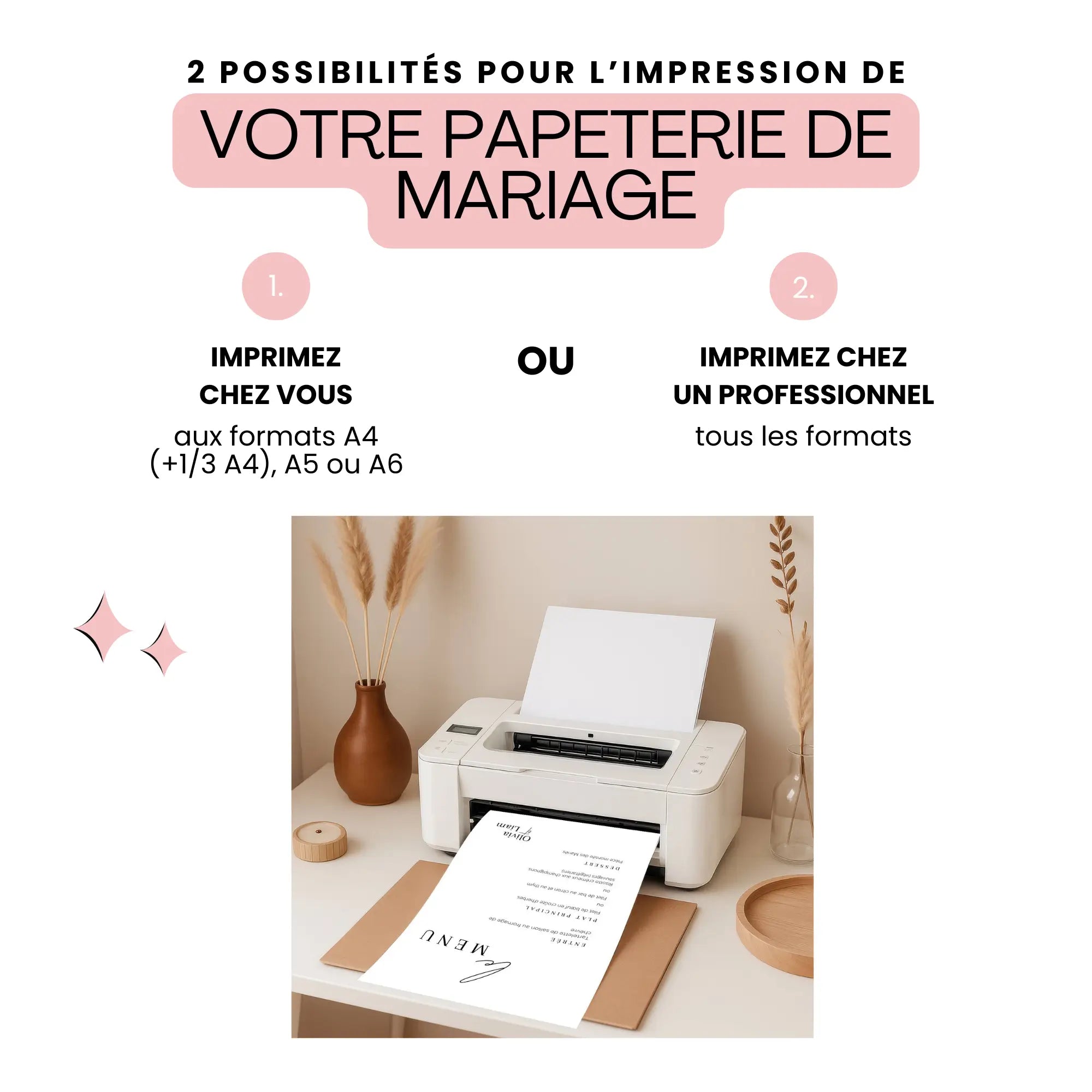 Impression menu de mariage minimaliste – modèle à personnaliser et imprimer soi-même.