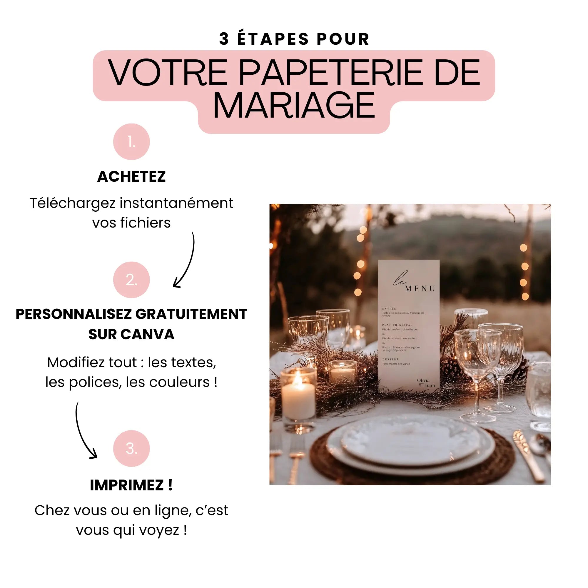Menu de mariage personnalisé sur table décorée – papeterie élégante à imprimer pour réception de mariage.