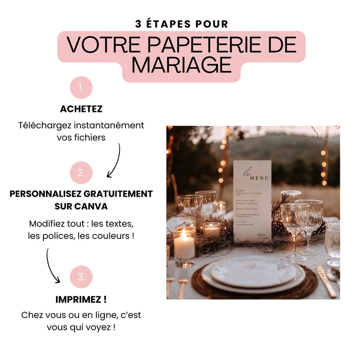 Menu de mariage personnalisé sur table décorée – papeterie élégante à imprimer pour réception de mariage.