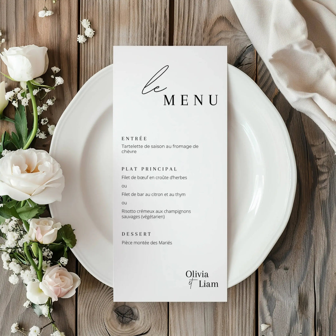 Menu de mariage élégant imprimable – papeterie de table personnalisée avec plats et desserts, modèle minimaliste assorti au plan de table et marque-places.