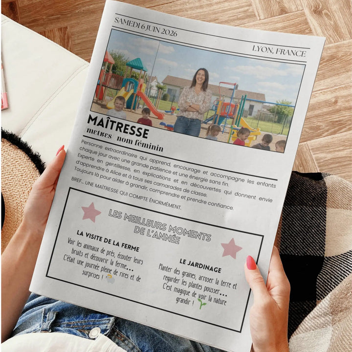gazette fin d’année scolaire cadeau maitresse atsem original journal personnalisé enfant à imprimer