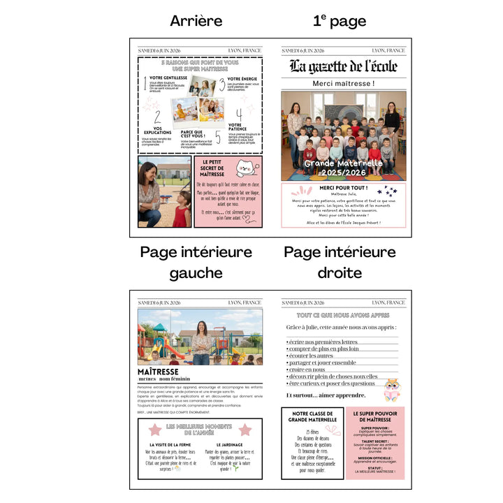 gazette 4 pages merci maitresse journal souvenir enfant cadeau fin d’année scolaire personnalisable Canva