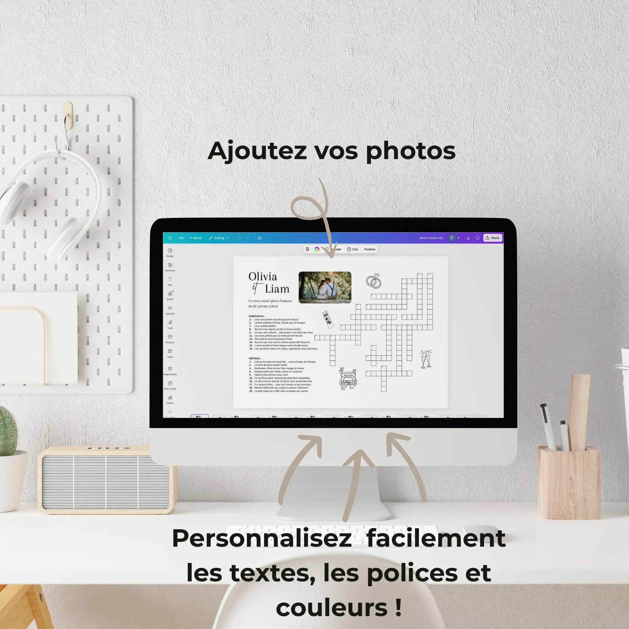 Écran d'ordinateur affichant un modèle Canva personnalisable avec grille de mots croisés et design graphique.