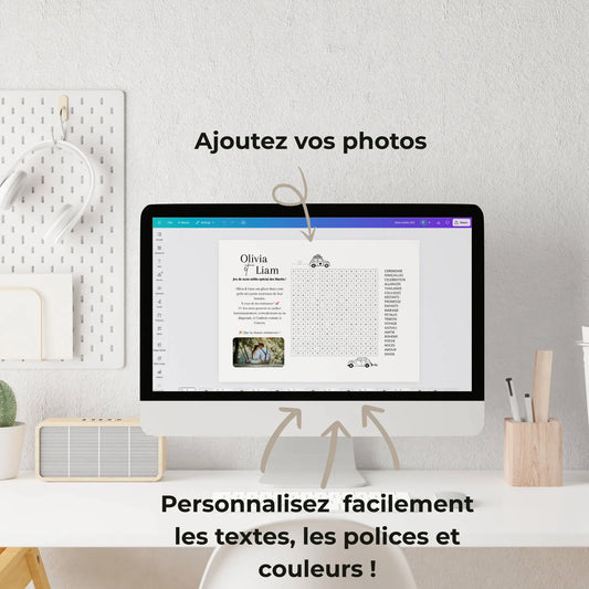 Écran d'ordinateur montrant un template Canva modifiable de jeu de mots croisés mariage avec liste de mots, cadre photo et illustrations automobiles sur bureau moderne