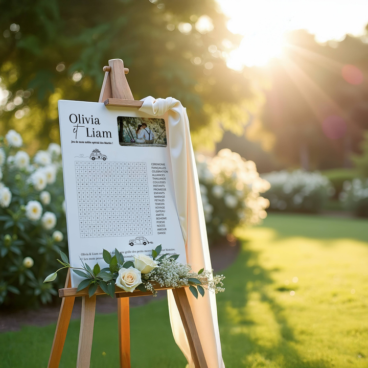 Grand jeu de mots mêlés personnalisé au nom des mariés , imprimé sur une affiche verticale et présenté sur un chevalet en bois dans un jardin fleuri baigné de soleil. Une photo du couple apparaît en haut de l’affiche, au-dessus d’une grille de mots mêlés et de la liste des mots à retrouver (cérémonie, promesse, amour, etc.). L’affiche est décorée d’un ruban ivoire noué au chevalet et d’un petit bouquet de roses et gypsophile à sa base. En arrière-plan, un décor romantique.