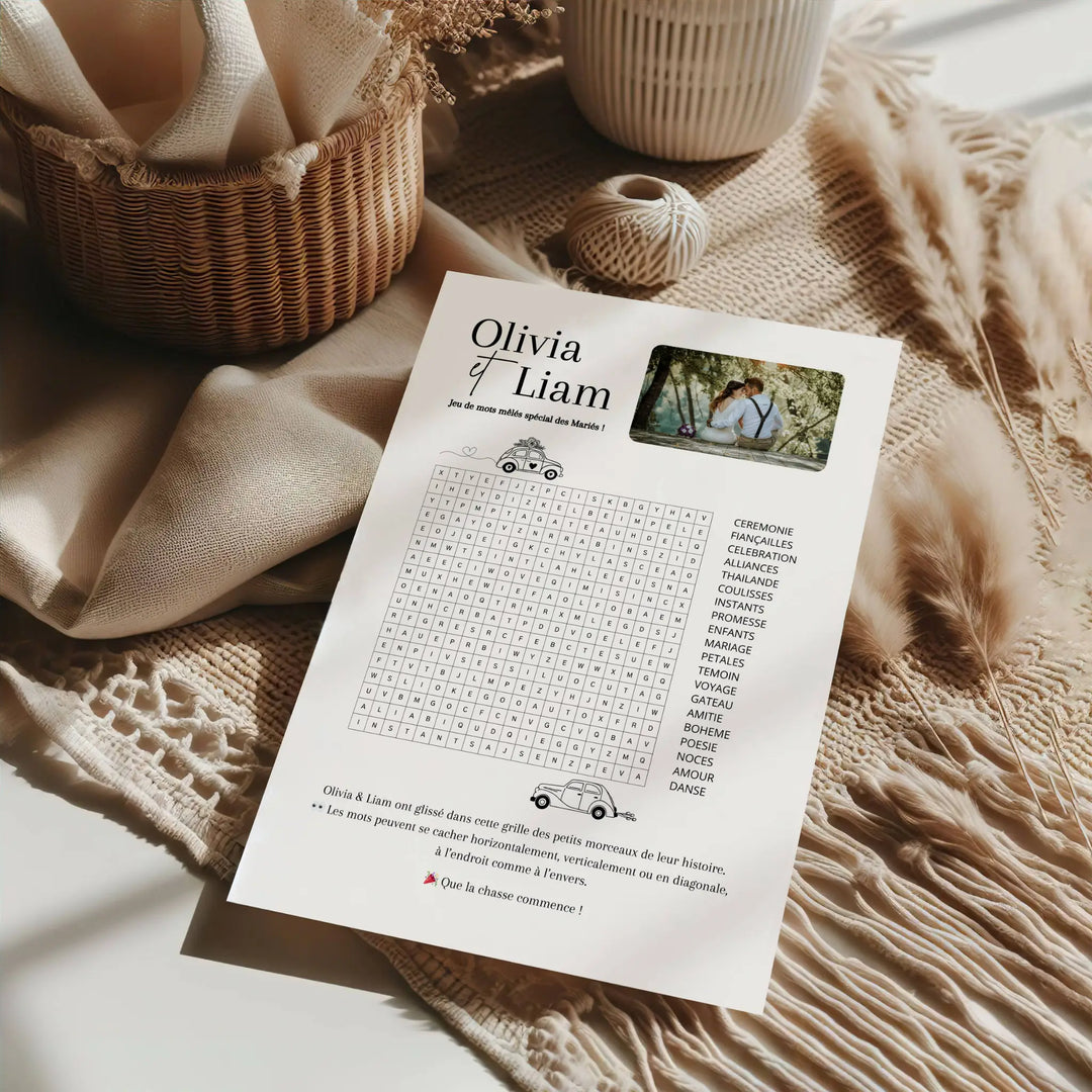 Jeu mots mêlés personnalisable pour mariage à imprimer.