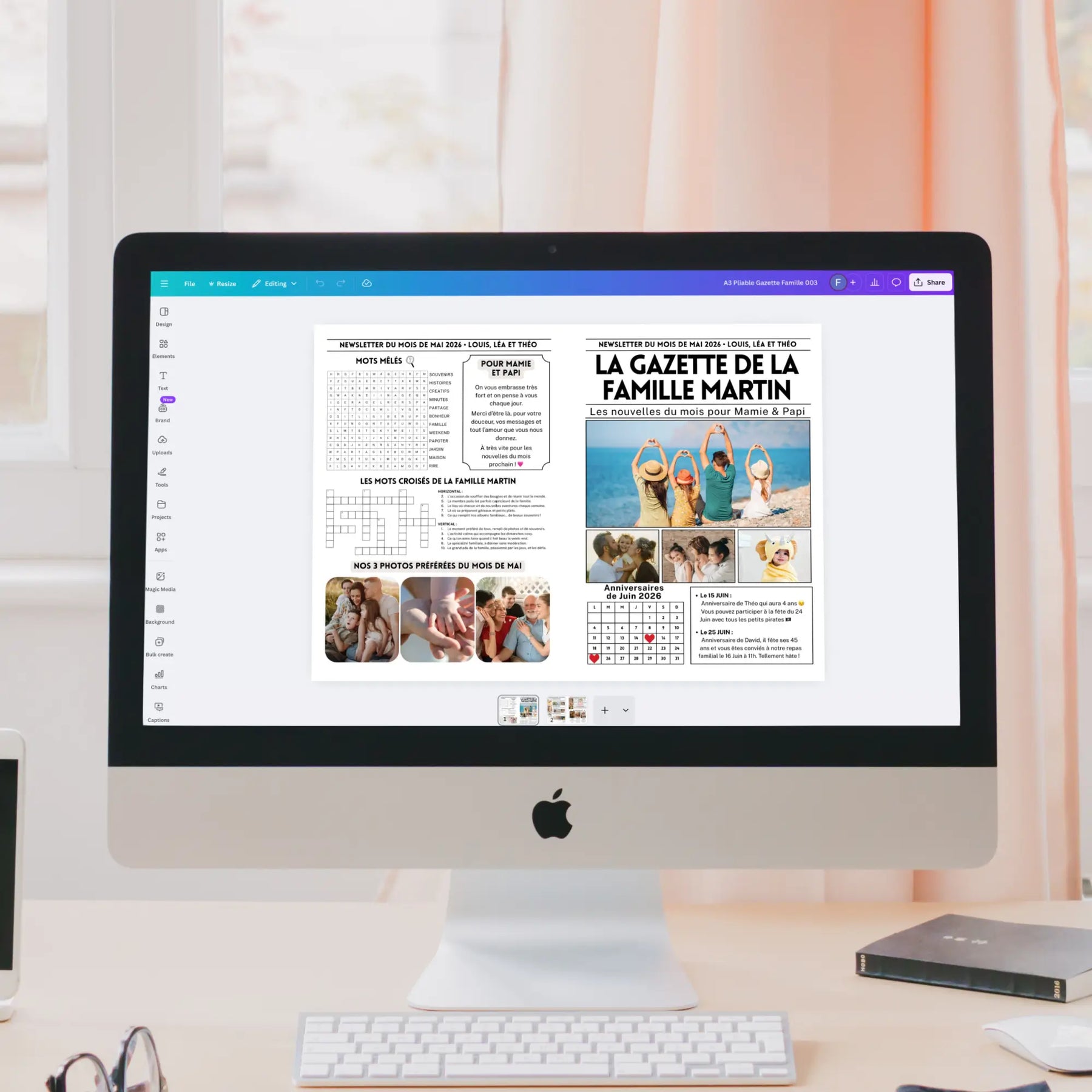Aperçu d’une newsletter familiale personnalisable sur Canva, montrant la Gazette de la Famille Martin : un journal familial moderne avec jeux, photos, mots croisés et petites nouvelles du mois.