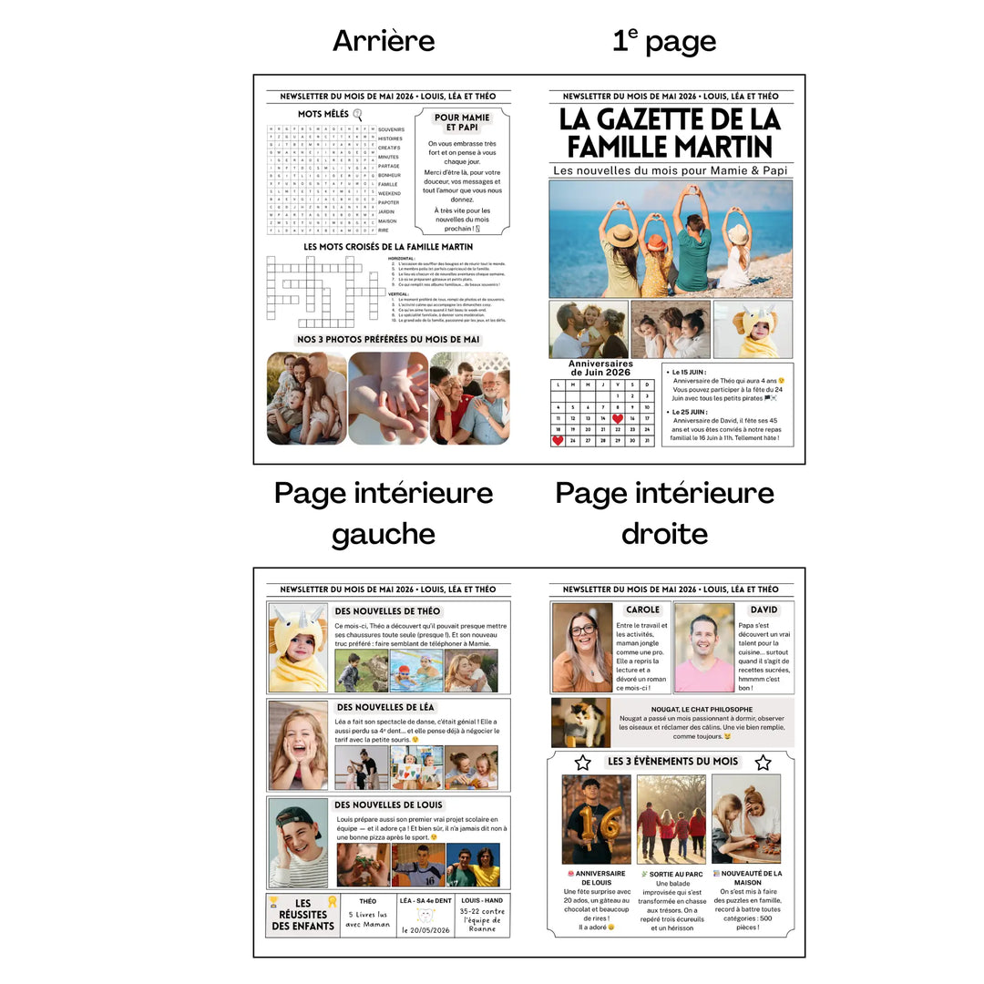 Aperçu complet d’un journal familial type newsletter familiale, avec la mise en page des quatre pages