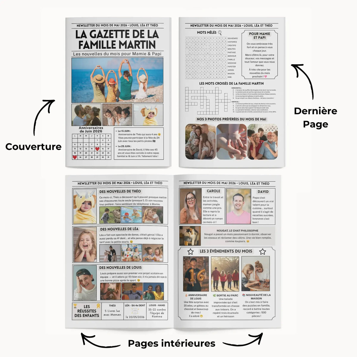 Aperçu complet d’un journal familial type newsletter familiale, avec la mise en page des quatre pages