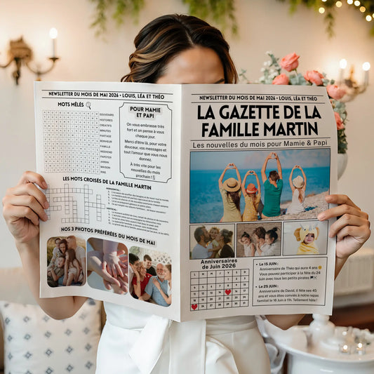 Une personne tient une gazette familiale personnalisée, avec jeux, mots mêlés, mots croisés, messages pour les grands-parents et photos du mois.