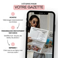 Charger l'image dans la visionneuse de la galerie, Visuel montrant une femme tenant une gazette familiale personnalisée façon newsletter familiale. L’image illustre les 3 étapes simples : acheter le modèle, le personnaliser sur Canva puis l’imprimer.
