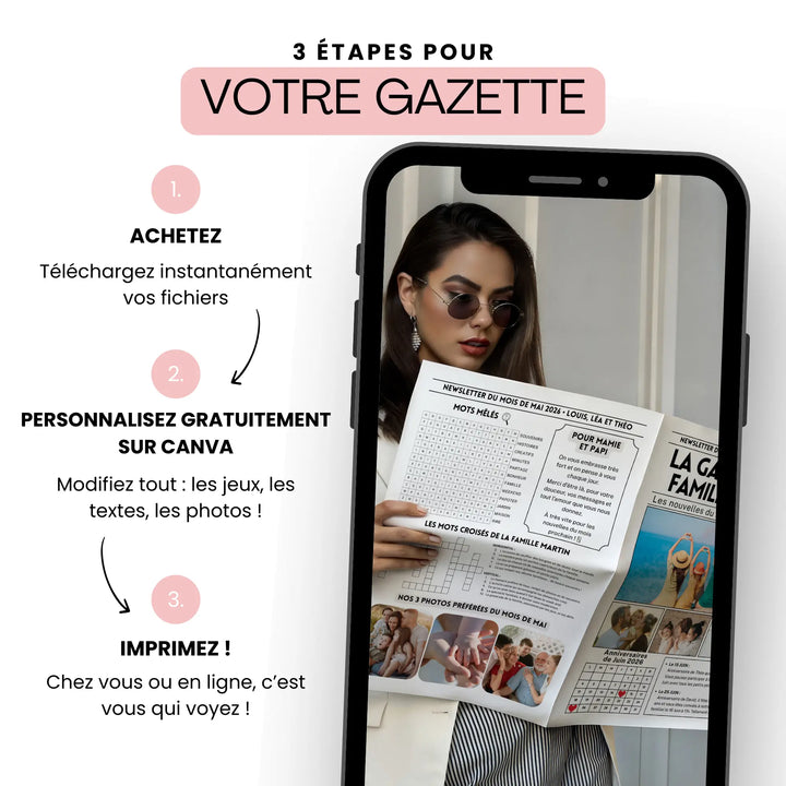 Visuel montrant une femme tenant une gazette familiale personnalisée façon newsletter familiale. L’image illustre les 3 étapes simples : acheter le modèle, le personnaliser sur Canva puis l’imprimer.
