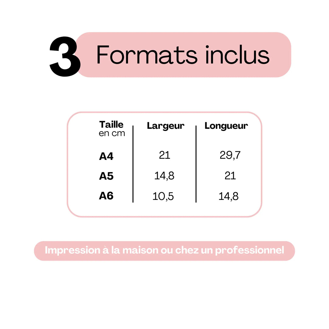 Formats disponibles pour numéros de table mariage à imprimer – fichiers numériques A4, A5 et A6.