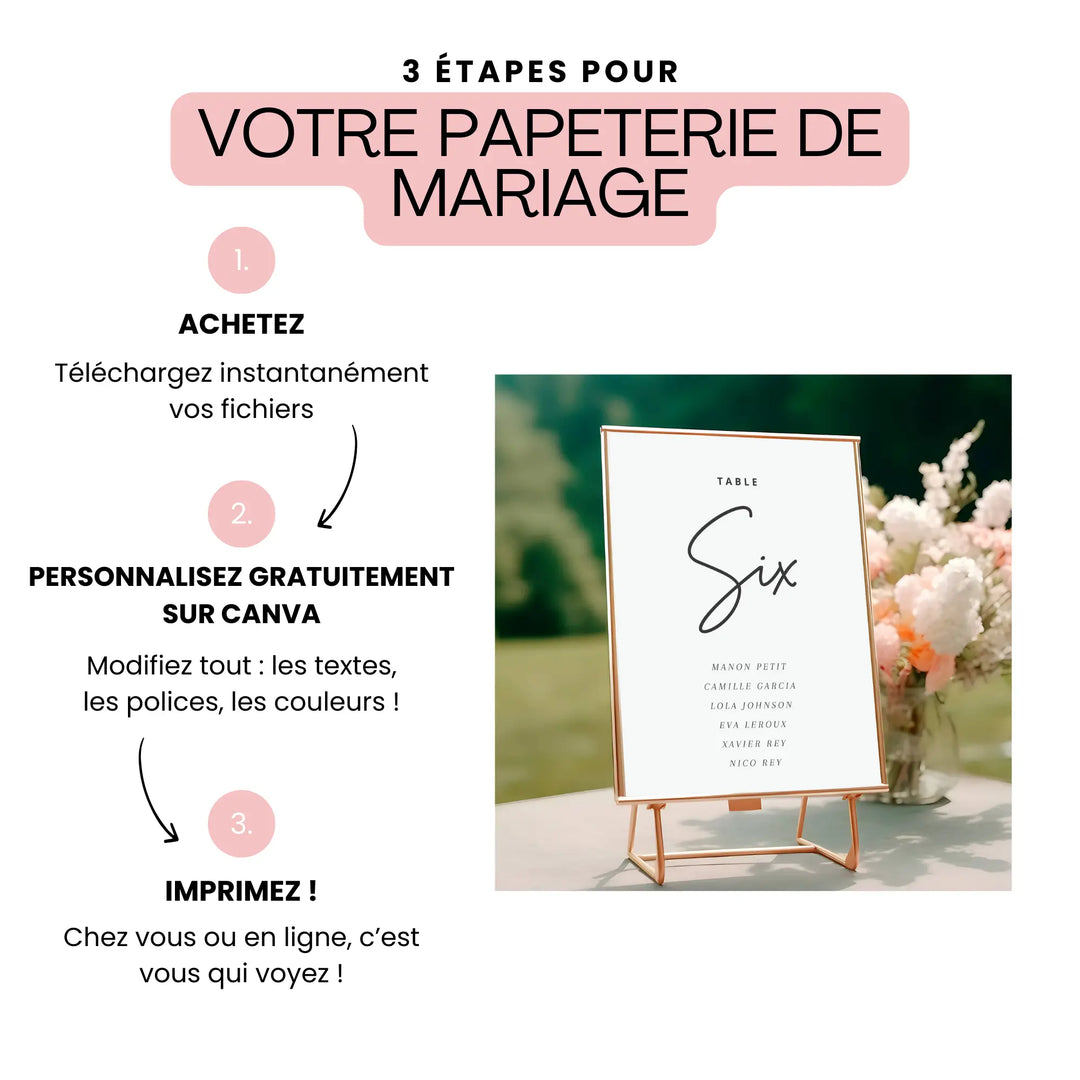 Numéro de table mariage élégant personnalisable sur Canva – modèle minimaliste avec noms des invités.