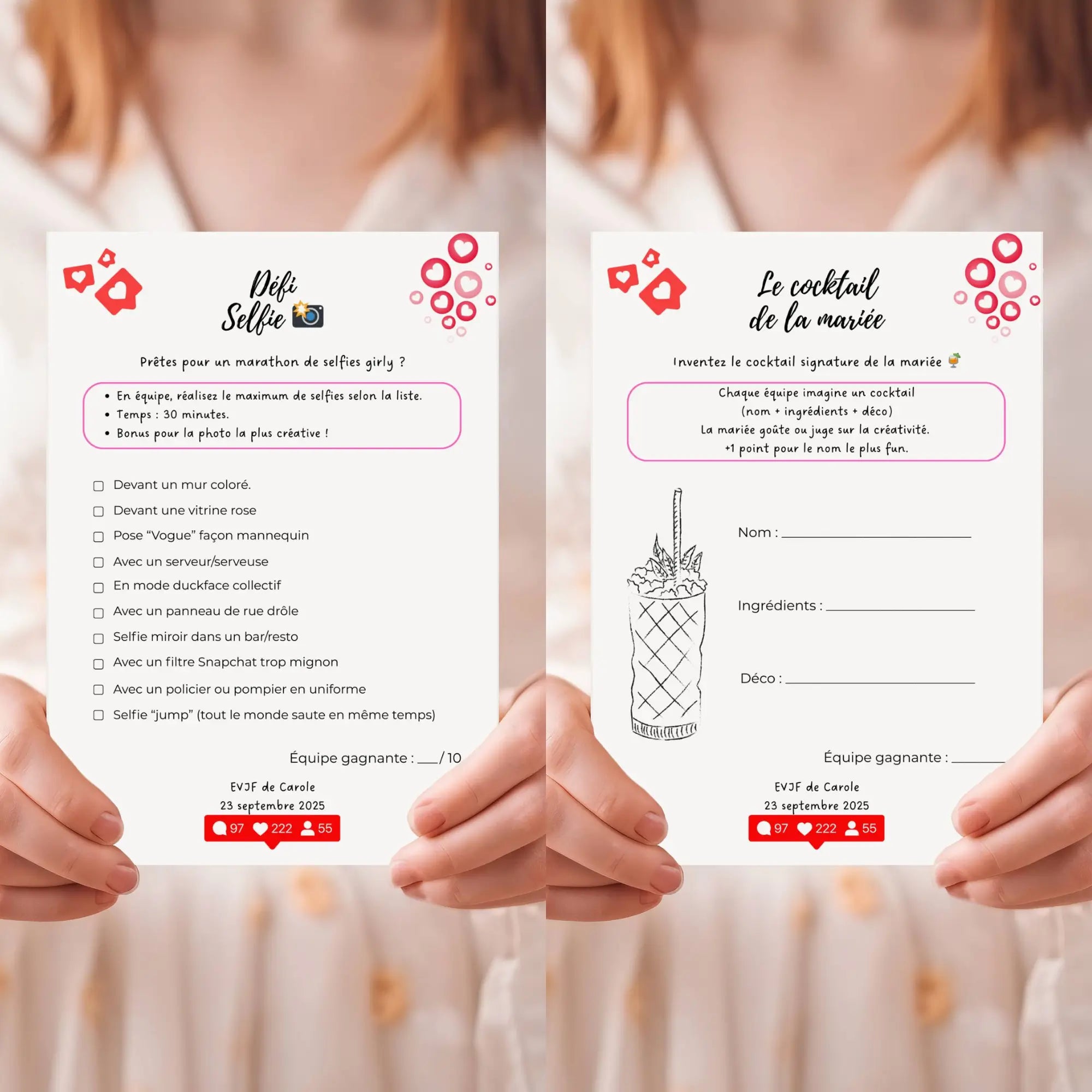 Duo de cartes d'animation EVJF présentant un challenge selfie et un atelier cocktail créatif dans une mise en scène nuptiale