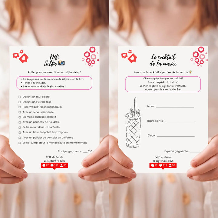 Duo de cartes d'animation EVJF présentant un challenge selfie et un atelier cocktail créatif dans une mise en scène nuptiale