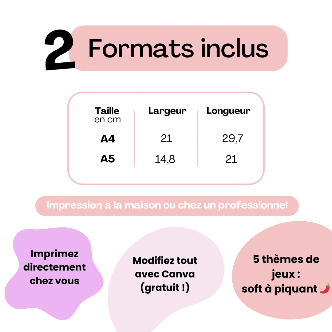 2 formats inclus A4 et A5 pour les jeux EVJF à imprimer chez soi, personnalisables gratuitement sur Canva