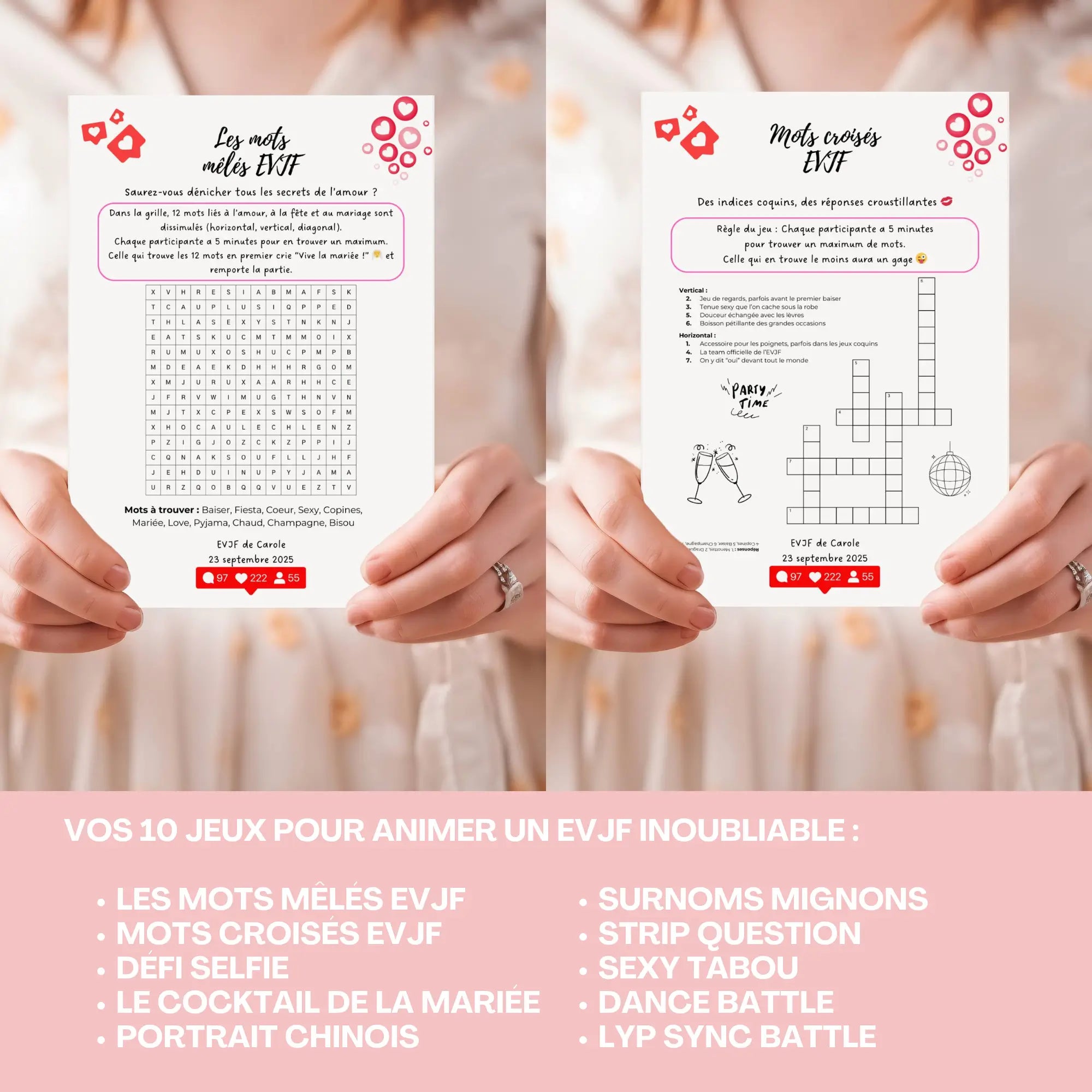 Grilles de mots mêlés et mots croisés thème mariage, collection de 10 jeux imprimables pour soirée entre filles